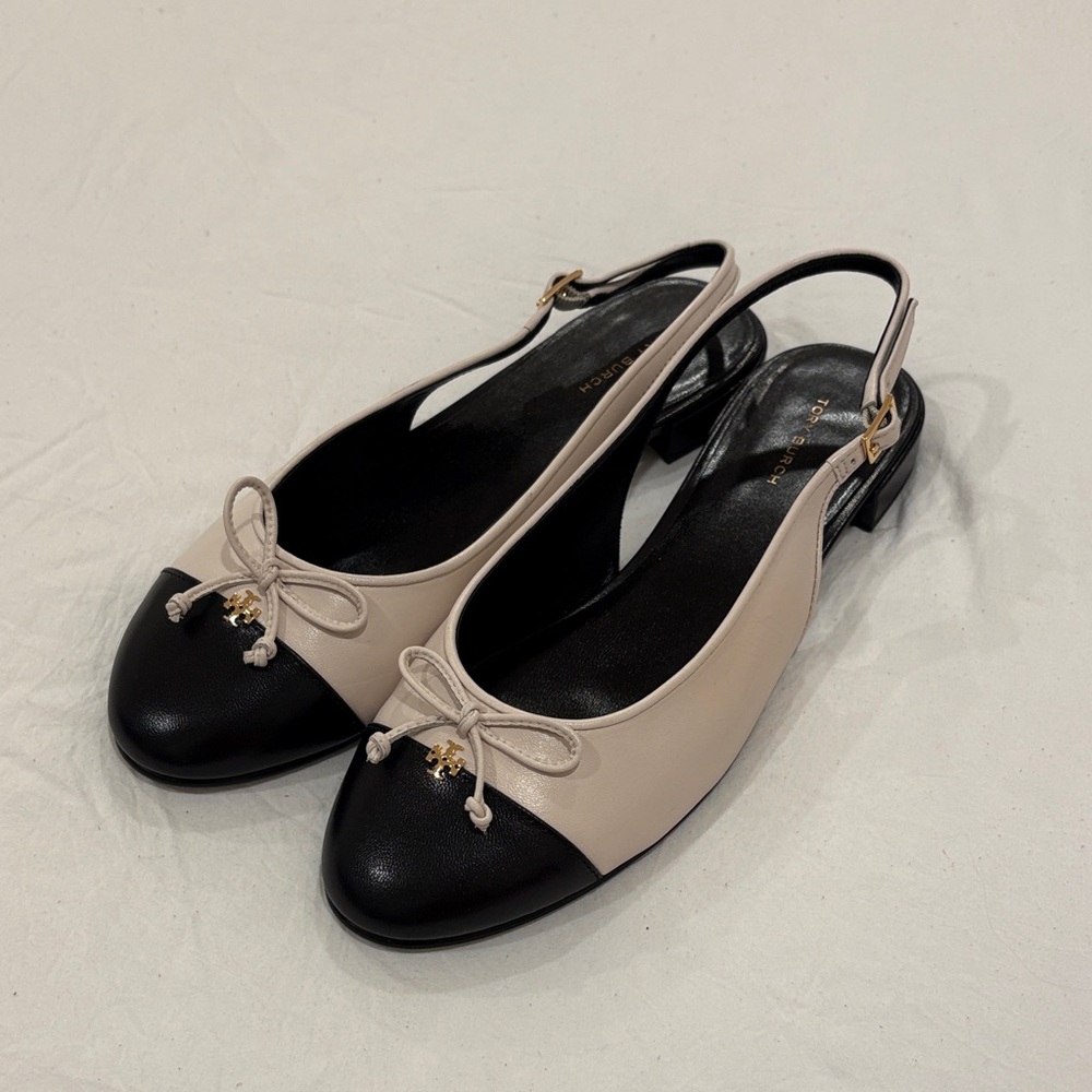 Tory Burch Black & Cream Two-Tone Bow Slingback Flats